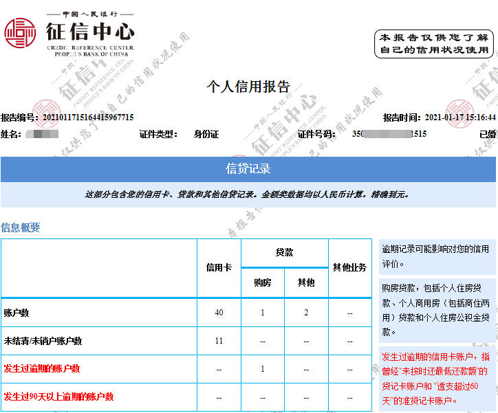 新鲜出炉的征信报告